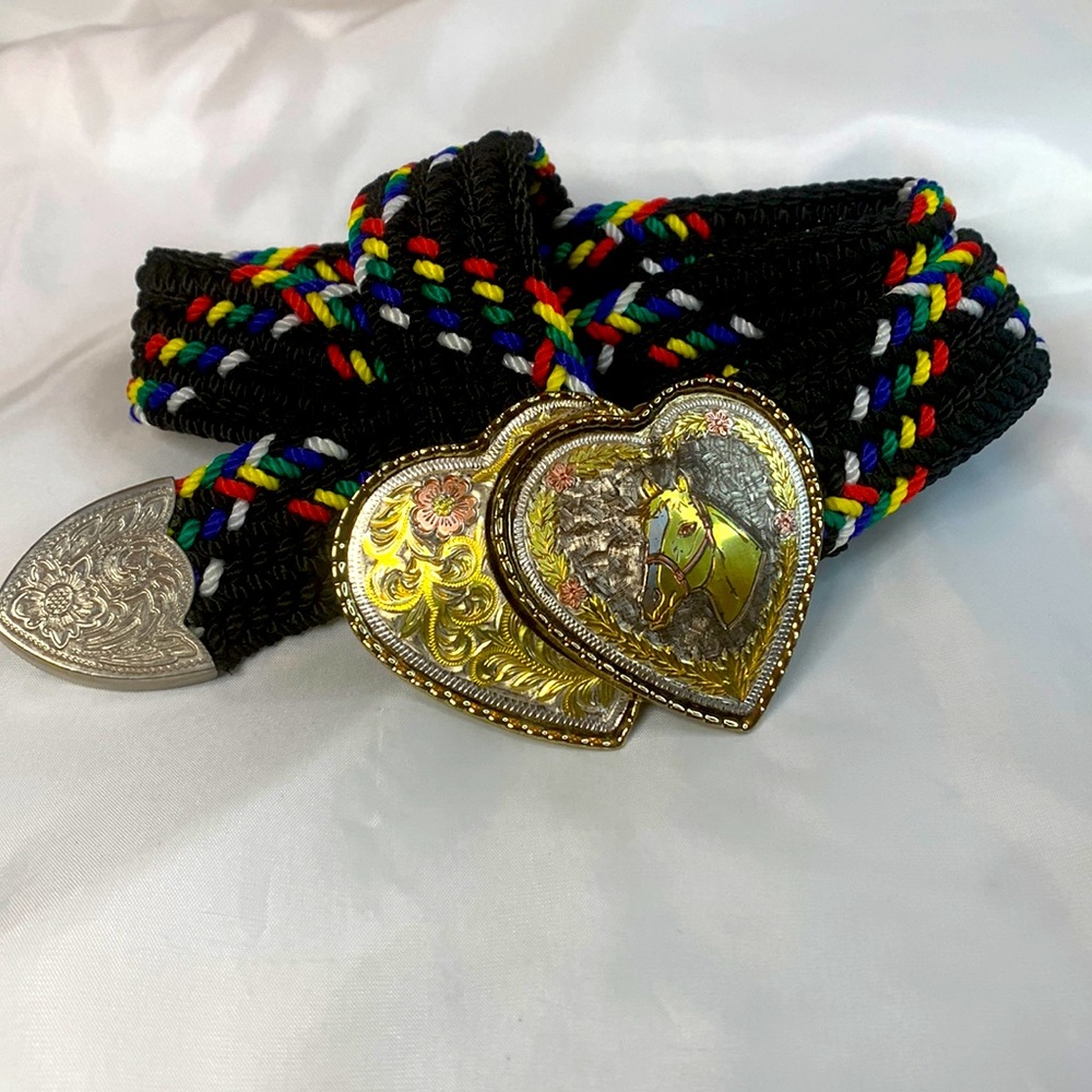 Western Rope Belt Double Heart Buckle Horse Head Sz Adjustable to 36”